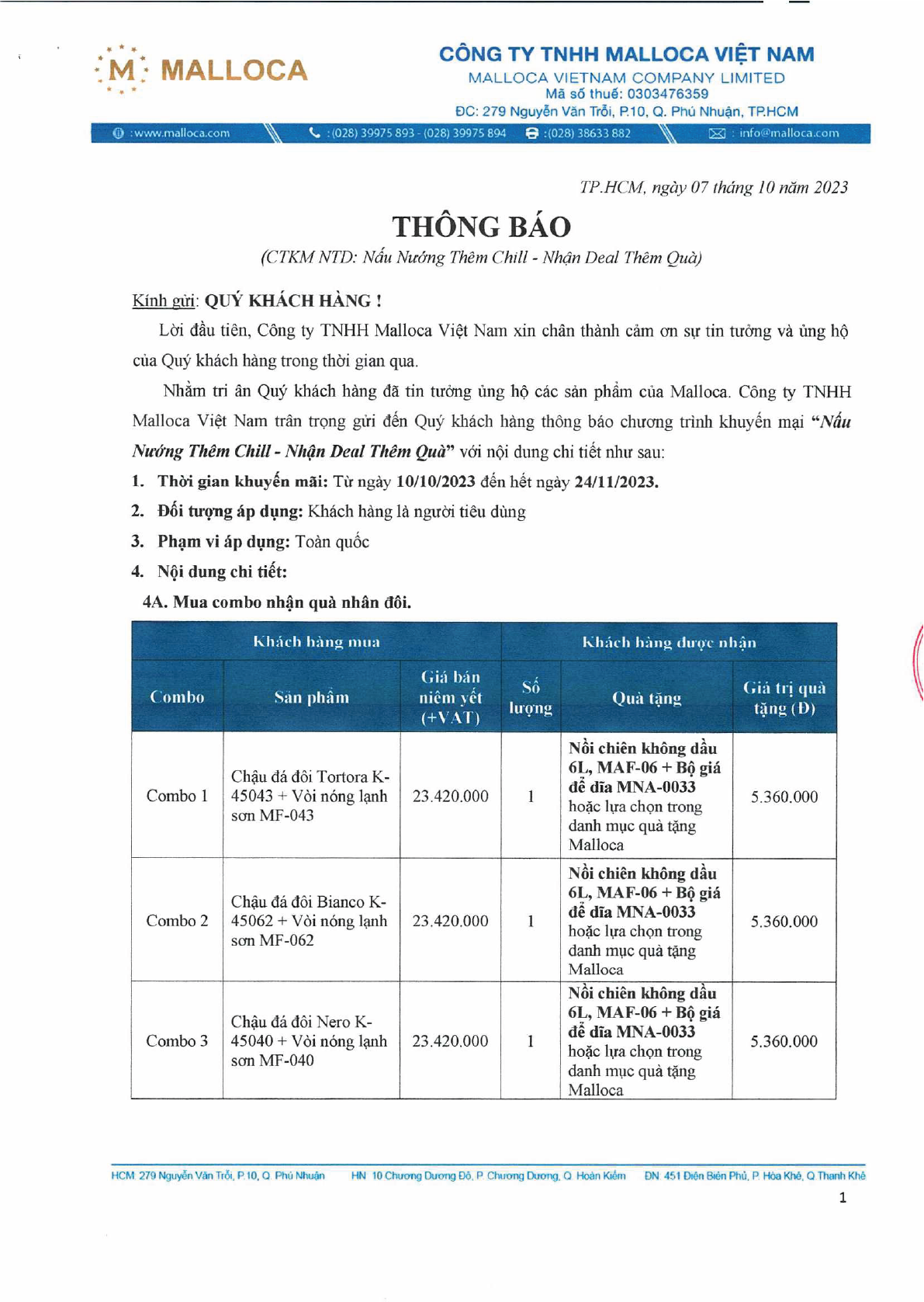 danh mục khuyến mãi Malloca 1